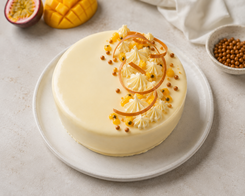 Mangó–maracuja–fehércsokoládé mousse torta