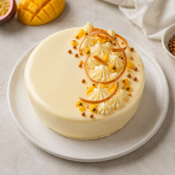Mangó–maracuja–fehércsokoládé mousse torta